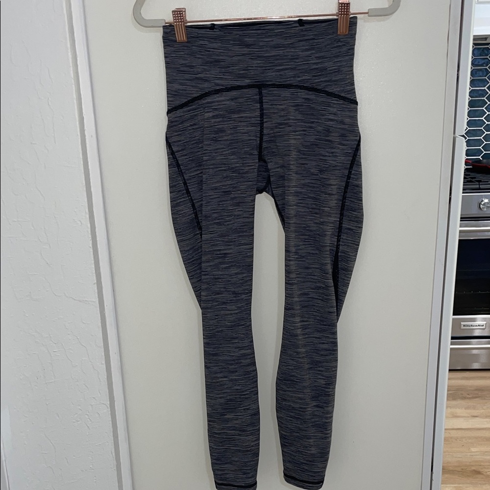 Lululemon Gray & White Horizontal Stripe Leggings with Mesh on lower part | 4